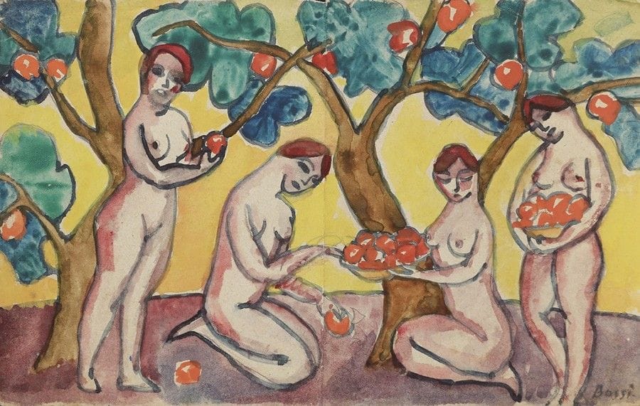 Erma BOSSI (1885-1960)
La Cueillette des pommes, vers 1910-1915
Aquarelle et mine de plomb.
Signée en bas à droite.
Au dos, étude préparatoire à la mine de plomb pour report au dos de la feuille avec de nombreuses annotations. (Trace de pliure verticale au centre).
13 x 22 cm

Provenance : 
Ancienne collection de M. Edmond Guichard,  Galerie Guichard sise 102 ter rue Lepic, Paris, fermée en 1931. Par descendance.

Nous remercions Madame Carla Pellegrini d'avoir confirmé l'authenticité de cette œuvre.