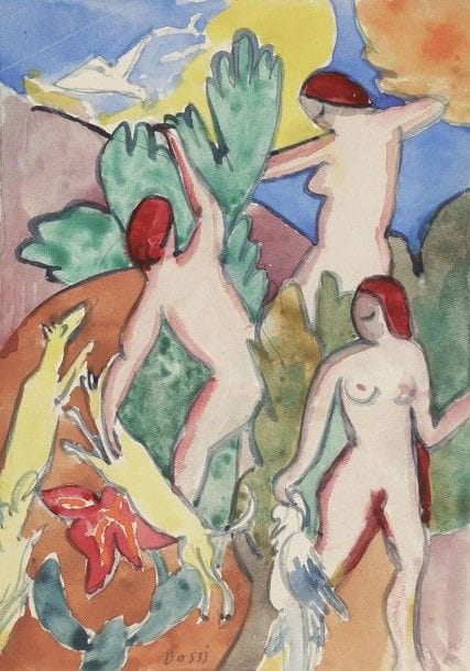Erma BOSSI (1885-1960)
Femmes et animaux, vers 1910-1915
Aquarelle.
Signée en bas au centre.
21,5 x 15,2 cm

Provenance : 
Ancienne collection de M. Edmond Guichard,  Galerie Guichard sise 102 ter rue Lepic, Paris, fermée en 1931. Par descendance.

Nous remercions Madame Carla Pellegrini d'avoir confirmé l'authenticité de cette œuvre.