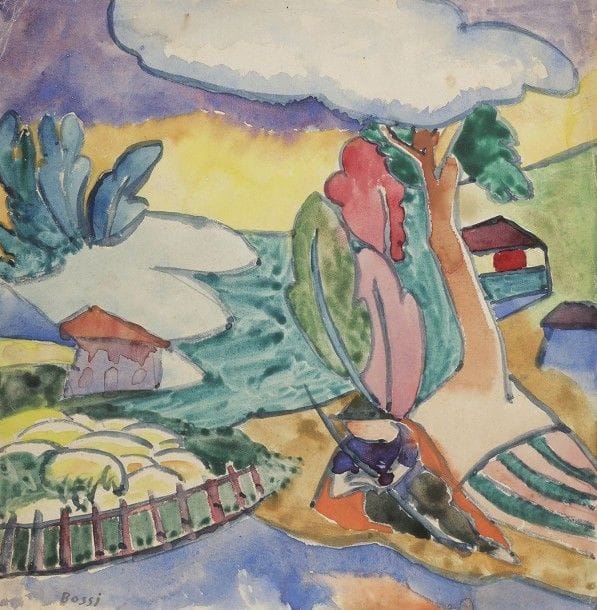 Erma BOSSI (1885-1960)
Paysage au dormeur, vers 1915-1920
Aquarelle.
Signée en bas à gauche.
22,8 x 21,5 cm

Provenance : 
Ancienne collection de M. Edmond Guichard,  Galerie Guichard sise 102 ter rue Lepic, Paris, fermée en 1931. Par descendance.

Nous remercions Madame Carla Pellegrini d'avoir confirmé l'authenticité de cette œuvre.