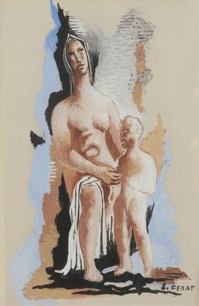 Serge FÉRAT (1881-1958)
Mer et enfant, 1929
Gouache.
Signée en bas à droite.
Signée, datée et dédicacée à madame Helen Hackett  au dos.
18 x 12 cm