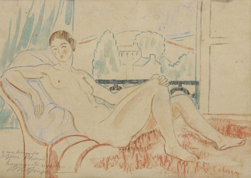 Jean METZINGER (1883-1956)
Nu au divan sur fond de paysage, vers 1923
Aquarelle sur trait de crayon.
Signée et dédicacée à ma demoiselle Suzanne Phocas hommage très respectueux Metzinger en bas à gauche.
21,5 x 30 cm

L'œuvre sera incluse au Catalogue Critique des œuvres de Jean Metzinger actuellement en préparation par Bozena Nikiel.
Un certificat de Bozena Nikiel en date du 16 janvier 2016 sera remis à l'acquéreur.