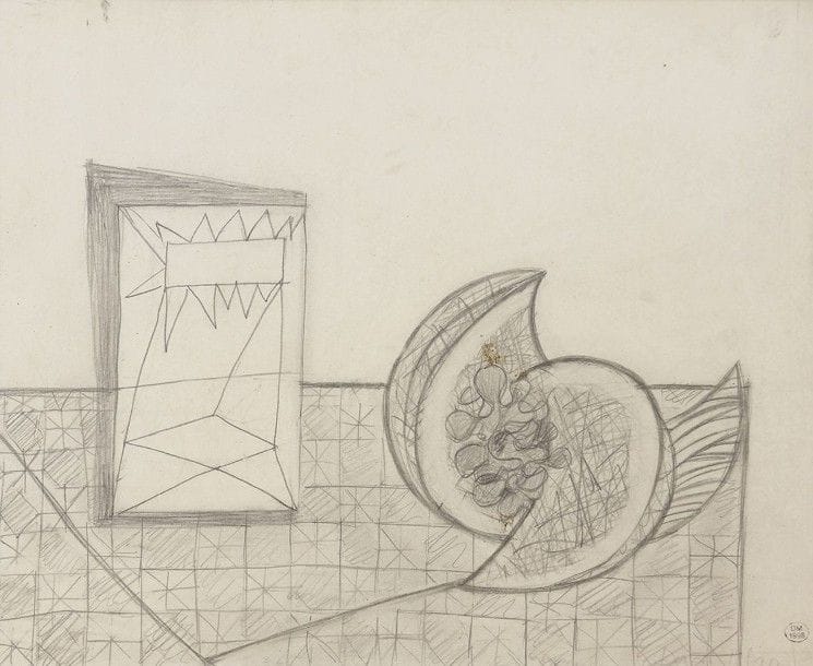 Dora MAAR (1907-1997)
Nature morte au melon et au livre
Dessin à la mine de plomb.
Signée en bas à droite.
22,5 x 28,5 cm

Provenance : 
Vente de l'atelier Dora Maar, Paris, Drouot, 1998. (Timbre de la vente).