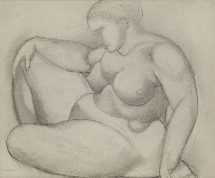Manuel Hugué dit MANOLO (1872-1945)
Femme assise, 1912
Dessin au crayon et estompe.
Signé à la plume en bas à gauche.
49 x 58,5 cm

Provenance : 
Galerie Louise Leiris, Paris, n°7698 (étiquette au dos).