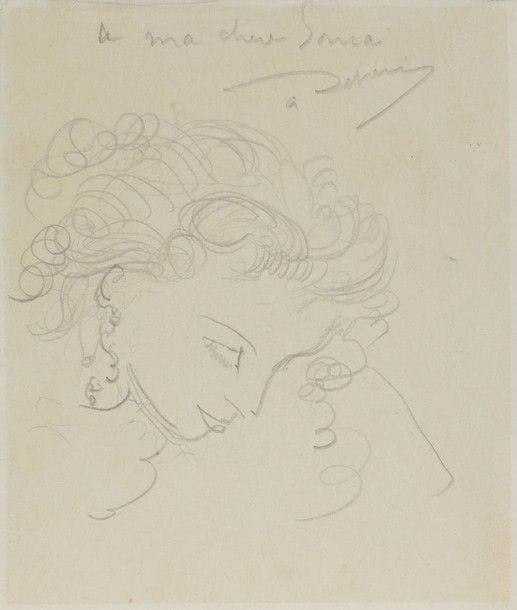 André DERAIN (1880-1954)
Tête de femme inclinée
Dessin à la mine de plomb sur vélin mince.
Dédicacé en tête a ma chère Sonia et signé.
(Légères traces de plis de manipulation ; feuillet très légèrement oxydé).
16 x 13,5 cm

Provenance : 
Ancienne collection H.-M. Petiet.