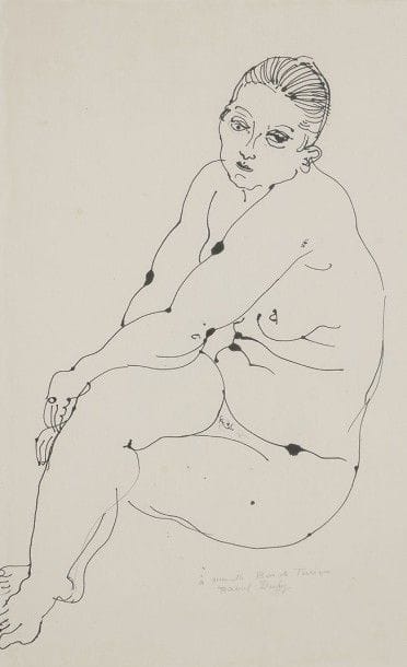 Raoul DUFY (1877-1953)
Femme assise
Dessin à l'encre.
Signé et dédicacé à Marcelle Berr de Turique en bas à droite.
55 x 35 cm

Provenance : 
- Ancienne collection Berr de Turique.
- Succession Jacques et Ester Topiol, ancienne galerie Jaquester, Paris.