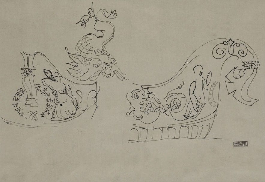 Raoul DUFY (1877-1953)
Naïades et régates
Encre et mine de plomb sur papier toilé.
Non signée.
28 x 39,5 cm