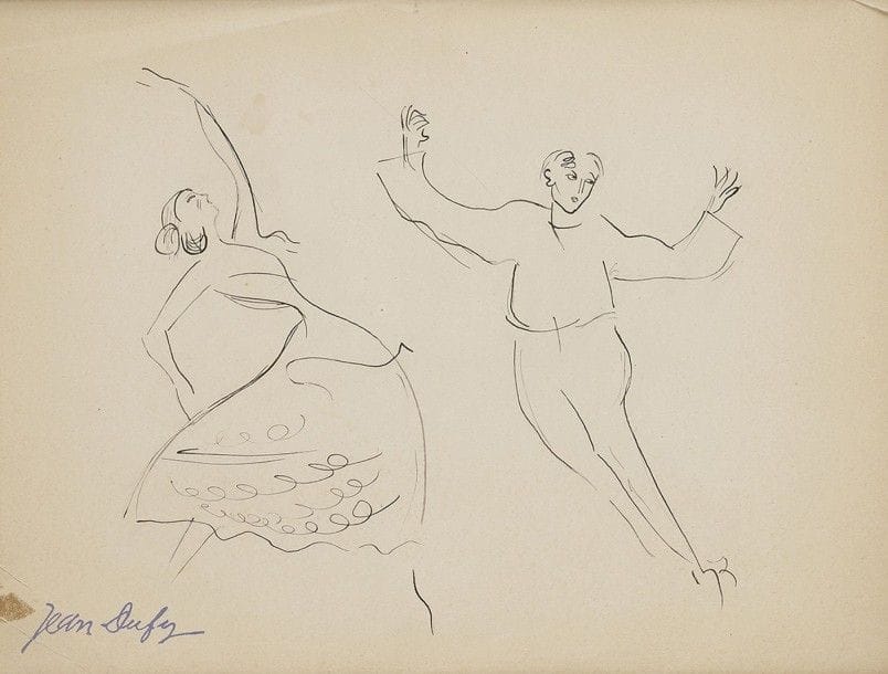 Jean DUFY (1888-1964)
Couple de danseurs
Dessin à l'encre.
Porte le timbre de la signature en bas à gauche.
(Déchirures et plis).
23 x 30 cm