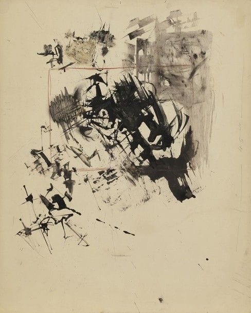 Salvador DALI (1904-1989)
Dessin tachiste
Encre de Chine et gouache sur vélin fort jaune.
Annotation au crayon 45 cm le long du bord droit du feuillet (en vue d'une réduction ou transposition sur cuivre). Au verso, date au crayon 10 Novembre '59  et annotation : à placer au bas du 2e cuivre / centre du cuivre.
(Déchirure de 35 mm au bord droit, anciennement restaurée au verso. Courtes traces de plis, dont certains cassés dans les angles).
50,5 x 40,5 cm

Provenance : 
Ancienne collection H.-M. Petiet.
