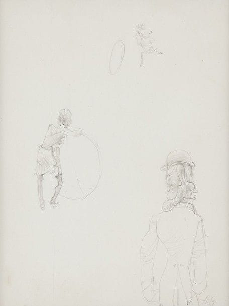 Hans BELLMER (1902-1975)
Homme au chapeau melon vu de dos et jeunes filles au cerceau
Dessin à la mine de plomb.
Monogrammé en bas à droite.
20 x 15,5 cm