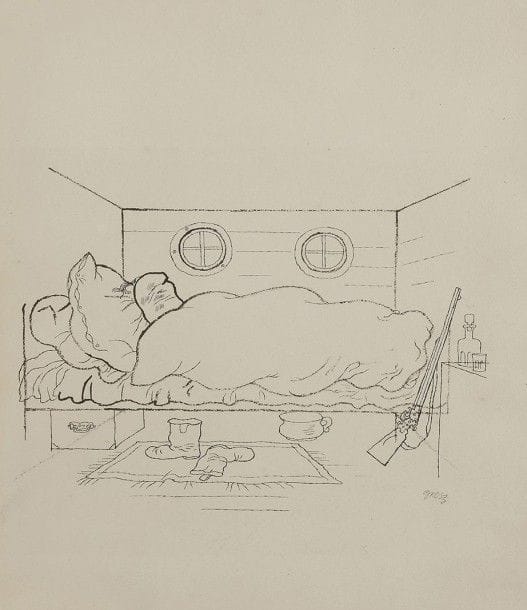 George GROSZ [allemand] (1893-1959)
Le Sommeil de Tartarin, 1921
Dessin à l'encre.
Signé en bas à droite.
33 x 27,5 cm

Provenance : 
Galerie Schindler, Berne.
Bibliographie : 
Alphonse Daudet, Die Abenteur des Herrn Tartarin aus Tarascon von Daudet, Erich Reiss Verlag, Berlin, 1921, reproduit page 65.
