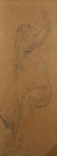 Léonard Tsuguharu FOUJITA (1886-1968)
Femme nue assise, tête et bras droit levés
Dessin à la mine de plomb sur papier calque collé sur carton et entoilé.
Signé en pied en caractères japonais et européens.
(L'angle inférieur droit manquant et refait. Nombreuses fractures et enfoncements en surface. Quelques traces de frottement).
130 x 49 cm
