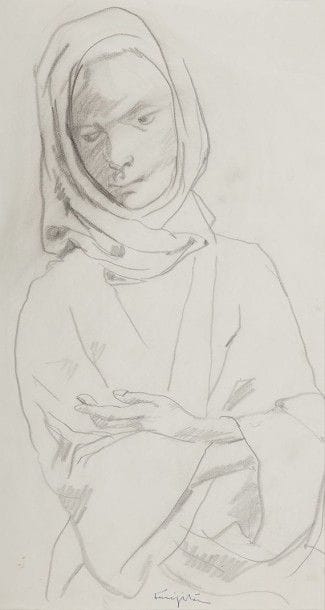 Léonard Tsuguharu FOUJITA (1886-1968)
Jeune femme du désert, vers 1951
Dessin à la mine de plomb sur vélin mince.
Signé au stylo-bille bleu en pied. 
(Traces de plis. Trois minuscules rousseurs en pied à gauche).
47,5 x 26 cm

Provenance : 
Succession Kimiyo Foujita, vente du 9 décembre 2013.

Un certificat de la Maison de vente Cornette de Saint Cyr sera remis à l'acquéreur. 

En 1951, Foujita fut sollicité par André Romanet, qui lui organisa une exposition en Algérie. L'artiste fut aussi l'hôte de son ami Victor Berger-Vachon, député à Alger, grâce à qui il visita le désert et les oasis au court d'un long périple dans le Sud algérien. S'ensuivirent d'autres expositions à Oran et Casablanca, celle d'Alger ayant connu un succès retentissant.