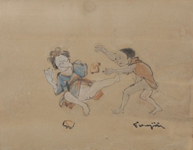 Léonard Tsuguharu FOUJITA (1886-1968)
Agression
Dessin au lavis d'encre et à l'aquarelle sur papier exotique chamois.
Signé au pinceau et à l'encre en bas à droite.
21,6 x 27,2 cm

Provenance : 
Succession Kimiyo Foujita, vente du 29 octobre 2013.

Un certificat de la Maison de vente Cornette de Saint Cyr sera remis à l'acquéreur.