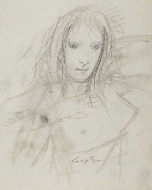 Léonard Tsuguharu FOUJITA (1886-1968)
La Sirène
Dessin à la mine de plomb et estompe sur vélin mince.
Signé à la plume et à l'encre en pied au centre.
19 x 15,3 cm

Provenance : 
Succession Kimiyo Foujita, vente du 9 décembre 2013.

Un certificat de la Maison de vente Cornette de Saint Cyr sera remis à l'acquéreur.