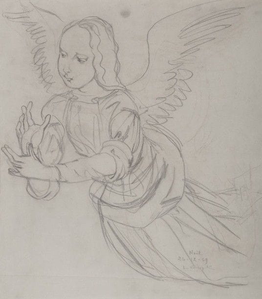 Léonard Tsuguharu FOUJITA (1886-1968)
L'Ange, 1959
Dessin à la mine de plomb et estompe sur papier calque.
Signé et daté en bas à droite au crayon " Noël / 24-12-59 ".
(Plusieurs traces de plis horizontaux et obliques médians).
50 x 42,5 cm

Provenance : 
Succession Kimiyo Foujita, vente du 8 décembre 2013.

Un certificat de la Maison de vente Cornette de Saint Cyr sera remis à l'acquéreur.

Étude préparatoire pour l'huile sur toile Descente de Croix, 1959 (cf. S. Buisson, Léonard-Tsuguharu Foujita, Paris, ACR éditions, vol. 1, n° 59.35). Foujita se fit baptiser selon le rite catholique en octobre 1959, à l'âge de 73 ans.