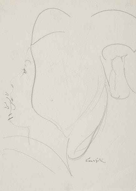 Léonard Tsuguharu FOUJITA (1886-1968)
Profil de femme
Dessin à la mine de plomb sur vélin mince.
Signé en bas à droite à la plume et à l'encre.
(Plis obliques dans l'angle inférieur droit ; autres traces de plis épars).
27 x 19,2 cm

Provenance : 
Succession Kimiyo Foujita, vente du 29 octobre 2013.

Un certificat de la Maison de vente Cornette de Saint Cyr sera remis à l'acquéreur.
Ce dessin est préparatoire à la gravure illustrant l'ouvrage de Jean Cocteau, Le Dragon des mers, 1955
(Sylvie Buisson, Léonard-Tsuguharu Foujita, Paris, ACR édition, vol. 2, n° 55.82).
