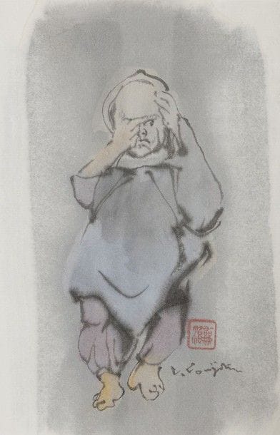 Léonard Tsuguharu FOUJITA (1886-1968)
Le Pèlerin
Dessin au pinceau, à l'encre de Chine, au lavis et à l'aquarelle sur japon.
Signé en pied à l'encre et revêtu du timbre japonais de l'artiste.
17,8 x 12,2 cm

Provenance : 
Succession Kimiyo Foujita, vente du 29 octobre 2013.

Un certificat de la Maison de vente Cornette de Saint Cyr sera remis à l'acquéreur.