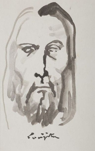 Léonard Tsuguharu FOUJITA (1886-1968)
Christ, 1966
Dessin au lavis d'encre de Chine sur japon mince doublé sur carton.
Signé au pinceau en pied. 
27 x 19,2 cm

Provenance : 
Succession Kimiyo Foujita, vente 8 décembre 2013.

Un certificat de la Maison de vente Cornette de Saint Cyr sera remis à l'acquéreur.
Dessin à rapprocher des têtes de Christ réalisées la même année pour la chapelle Notre-Dame de la Paix à Reims (cf. S. Buisson, Léonard-Tsuguharu Foujita, Paris, ACR éditions, vol. 1, n° 66.09 et 66.31). L'artiste s'adonna en architecte et décorateur à ce gigantesque travail, financé par René Lalou, et destiné à concrétiser la foi nouvelle et la révélation mystique de l'artiste. La chapelle est construite (en partie en briques du XIIIe siècle) sur un petit enclos offert par la maison Mumm et achevée en mai 1966. Foujita réalisa pour ses murs près de deux cents mètres carrés de fresques.