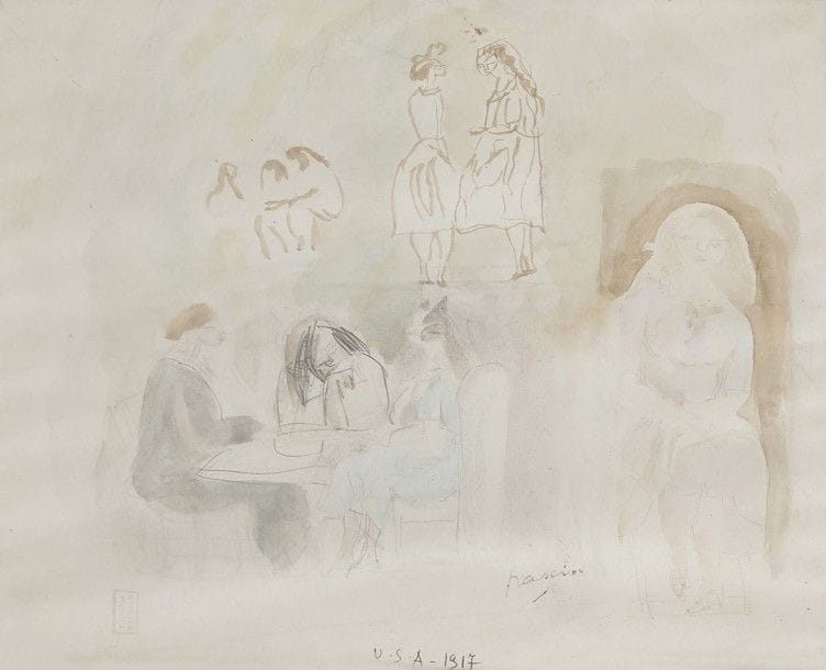 J. Pincas dit PASCIN (1885-1930)
Personnages au café, 1917
Dessin au crayon, lavis d'encre et aquarelle.
Porte le timbre de la signature et de l'atelier.
19 x 22 cm

Nous remercions le Comité Pascin d'avoir confirmé l'authenticité de cette œuvre.