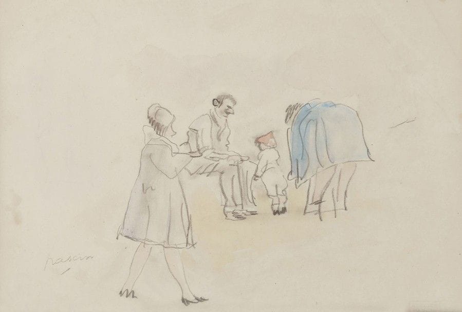 J. Pincas dit PASCIN (1885-1930)
Scène de rue, Pau, 1929
Dessin à la mine de plomb et aquarelle.
Porte le timbre de la signature et de l'atelier en bas à droite.
16,5 x 21 cm

Bibliographie : 
Hernin, Krogh, Perls et Rambert, Pascin Catalogue Raisonné Tome 4, numéro 1207, reproduit page 354.