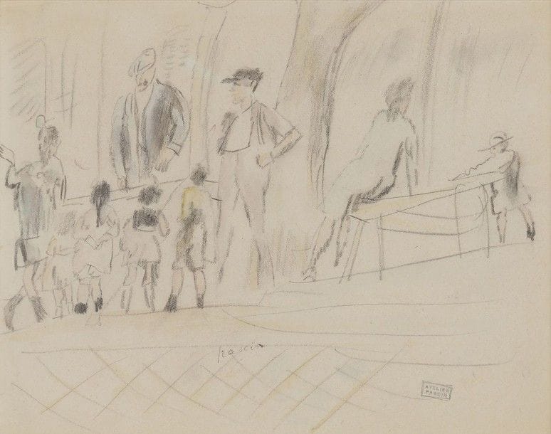 J. Pincas dit PASCIN (1885-1930)
Les Forains
Dessin aux crayons de couleur.
Signé en bas au centre.
Porte le cachet de l'atelier en bas à droite.
19,5 x 24,5 cm

Provenance : 
Ancienne Collection Jean Cottel.

Nous remercions le Comité Pascin d'avoir confirmé l'authenticité de cette œuvre.