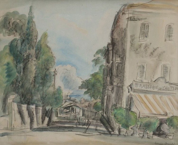 Hermine DAVID (1886-1971)
La Rue
Dessin au fusain et aquarelle.
Signé en haut à droite.
28 x 37 cm