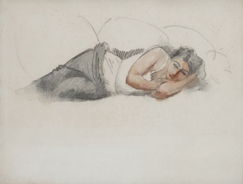 Julio GONZALES [espagnol] (1876-1942)
Jeune femme assoupie, vers 1930
Dessin au fusain et aquarelle.
Porte le timbre du monogramme au dos.
(Petites rousseurs et taches).
25 x 31,5 cm

Provenance : 
Vente Tajan, Paris, 27 janvier 2002, n°188.

L'œuvre est certifiée par Roberta Gonzales au dos de la feuille.