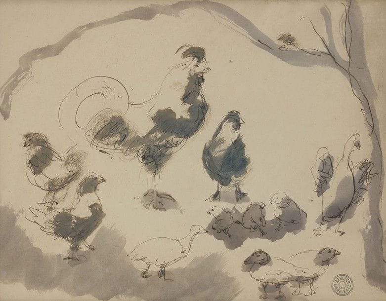 MANE-KATZ (1884-1962)
Au poulailler
Dessin à l'encre et lavis d'encre.
Porte le timbre de l'atelier en bas à droite.
38 x 30 cm