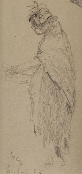 Frank-Myers BOGGS (1855-1926)
Femme au chapeau, 1883
Dessin à la mine de plomb.
Signé, daté, et situé London en bas à gauche.
13 x 6,5 cm