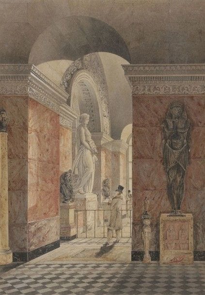Bonaventure-Amable RAVOISIE (1801-1867)
Vue de la salle de Melpomène au Louvre
Aquarelle gouachée.
Monogrammée AR en bas à droite, dédicacé sur le fond du montage Ravoisié à son ami Cassard.
(Légèrement insolée).
34,5 x 24 cm