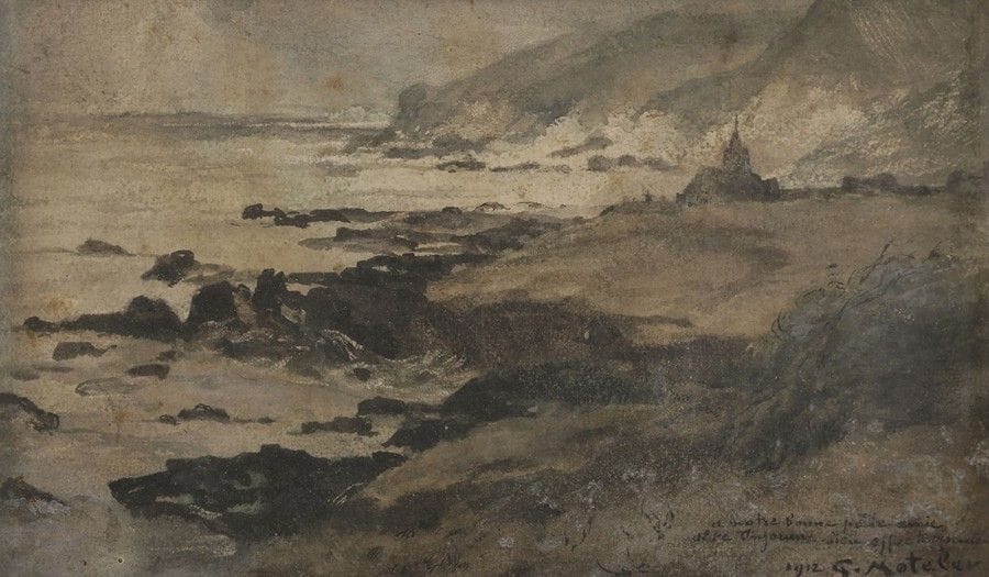 Georges Jules MOTELEY (1865-1923)
Bord de mer dans le Calvados, 1912
Aquarelle.
Signée, datée et annotée à notre bonne petite amie Aline Angeran bien affectueusement.
(Rousseurs).
17 x 28 cm