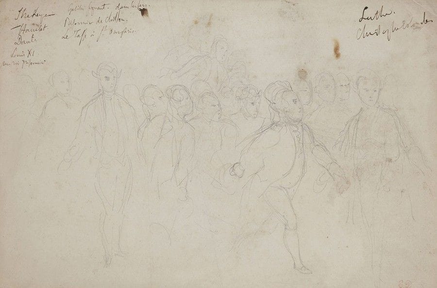 Eugène DELACROIX (1789-1863)
Mirabeau et Dreux Brézé, 23 juin 1789
Crayon noir.
Diverses annotations dans le haut
Cachet de l'atelier en bas à droite (Lugt 838a).
(Taches). 
22,8 x 34,5 cm

Notre dessin est préparatoire au tableau Mirabeau et Dreux Brézé, le 23 juin 1789, aujourd'hui conservé à la Ny Carlsberg Glyptotek à Copenhague.