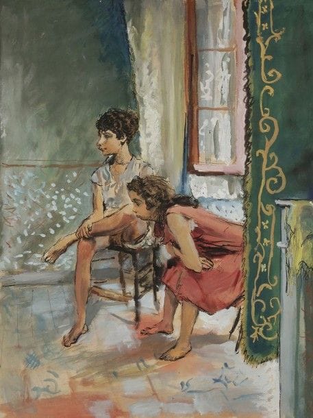 Jean LAUNOIS (1918-1942)
Deux enfants
Dessin à l'encre et gouache.
Signé en bas à gauche.
63 x 48 cm
