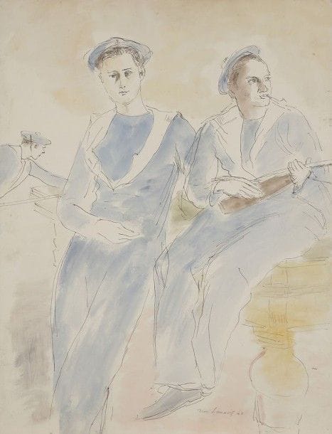 Jean LAUNOIS (1918-1942)
Marins, 1940
Dessin à l'encre et aquarelle.
Signé et daté en bas à droite.
63 x 48 cm