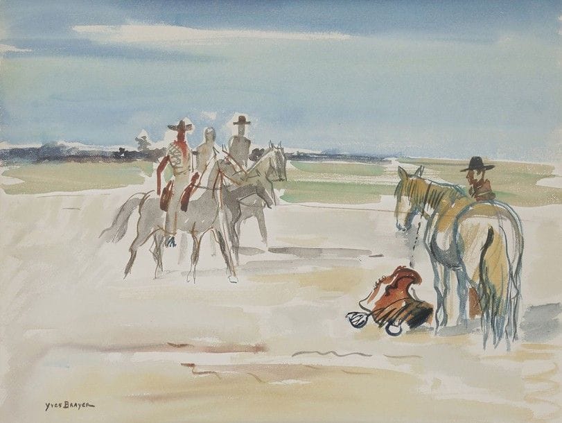 Yves BRAYER (1907-1990)
Gardians en Camargue, 1956
Aquarelle.
Signée en bas à gauche.
Inscriptions au dos de l'encadrement.
48 x 63 cm

Nous remercions Monsieur Olivier Brayer pour les informations qu'il nous a transmises.
Cette œuvre est répertoriée dans les Archives Yves Brayer sous le numéro K0175.