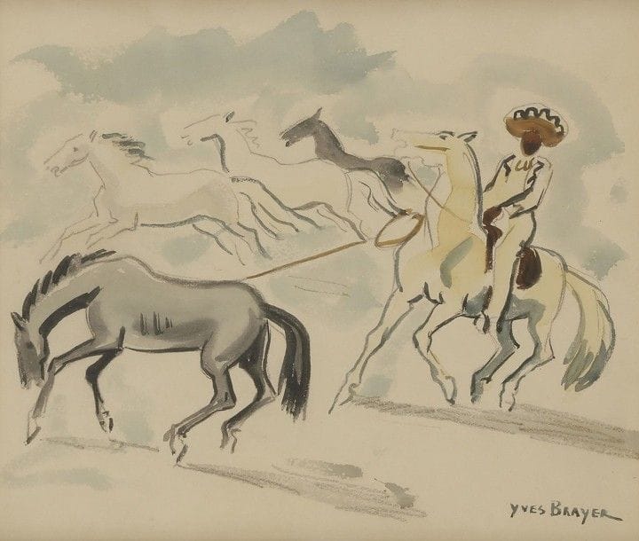 Yves BRAYER (1907-1990)
Jeux de Charros, Mexique 1963
Aquarelle.
Signée en bas à droite.
20 x 22,5 cm

Nous remercions Monsieur et Madame Brayer pour les informations qu'ils nous ont transmises.
Cette œuvre est répertoriée dans les Archives Yves Brayer sous le numéro K707.