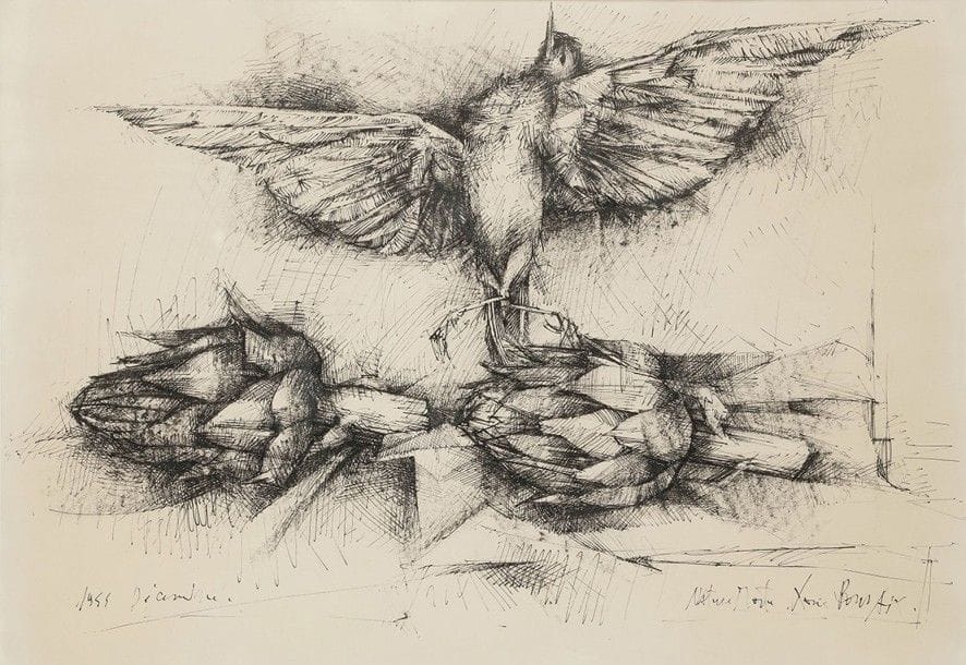 Louis PONS (né en 1927)
Nature morte, 1955
Encre sur papier.
Signée, titrée et située en bas à droite.
Datée en bas à gauche.
45,5 x 62,5 cm