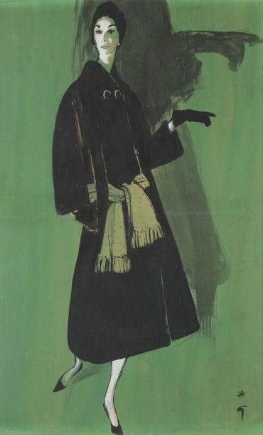 René GRUAU (1909-2004)
Femme en manteau de Jean Dessès, 1957
Gouache.
Signée en bas à droite.
Signée, datée et annotée au dos Dessès - sept 1957, page 153.
40 x 26 cm

Dessin publié dans Vogue, septembre 1957.