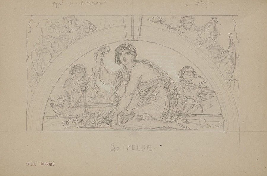 Louis-Ernest BARRIAS (1841-1905)
Deux études pour la Pêche et la Chasse
Crayon noir et rehauts de craie blanche.
Titrés et cachets de l'atelier en bas à droite (Lugt 219a).
(Petites déchirures sur les bords). 
28 x 44 cm