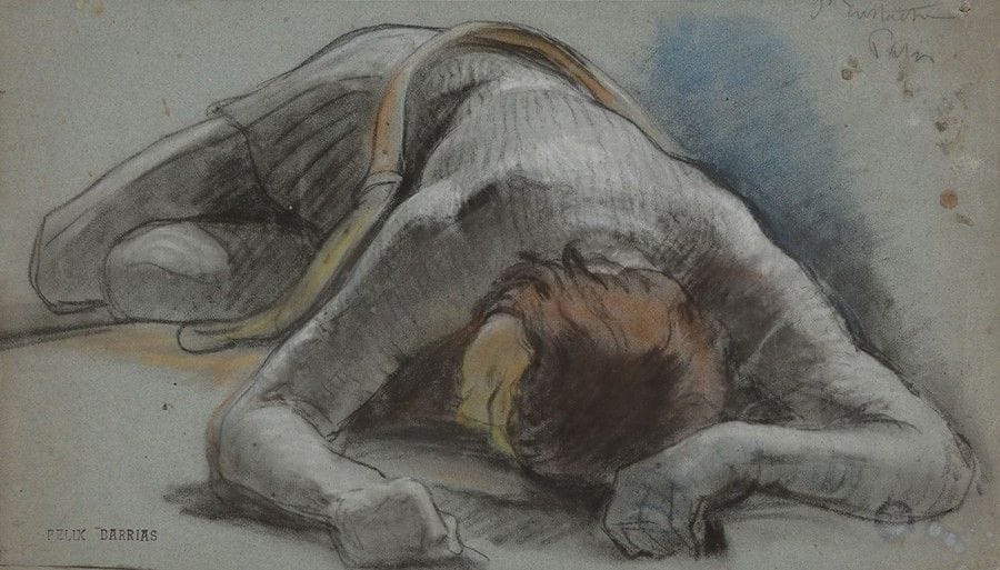 Louis-Ernest BARRIAS (1841-1905)
Étude de personnage allongé
Pastel sur papier bleu
Annoté en haut à droite Saint Eustache, Paris.
Cachet de l'atelier en bas à gauche (Lugt 219a).
(Taches). 
21 x 39 cm
