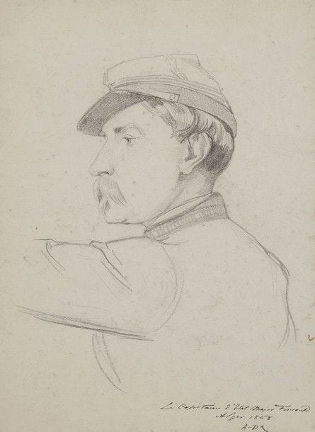 Armand DUMARESQ (1826-1895)
Le Capitaine d'Etat Major Foucauld, 1858
Crayon noir.
Titré, situé, daté et monogrammé en bas à droite Alger 1858 .
(Collé en plein sur son montage). 
26,3 x 19,5 cm