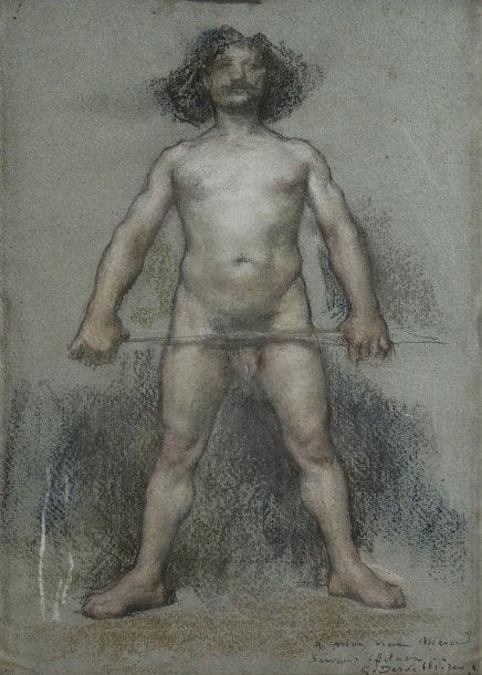 Georges DESVALLIERES (1861-1950)
Étude d'homme en pied tenant un sabre
Pastel sur papier bleu.
Signé et dédicacé en bas à droite A mon vieux Ménard, avec toute mon affection .
(Pliures et petites taches).
30 x 22 cm

Notre dessin est préparatoire pour un Goliath (voir : C. de Bayser, George Desvallières, Catalogue Raisonné, édition Somogy, 2015, Tome II, page 87, figure 376, reproduit).