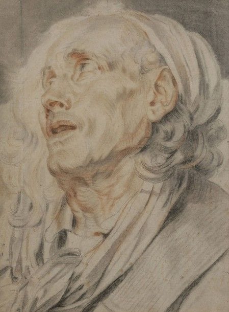ÉCOLE de Jean-Baptiste GREUZE (1725-1805)
Tête de vieil homme pour le paralytique
Crayon noir, estompe et sanguine.
(Petite déchirure en bas à droite, pliure à gauche, rousseurs).
38,5 x 29 cm

Provenance : 
Vente anonyme, Paris, Hôtel Drouot, le 11/02/1957, n°26 comme Greuze.
