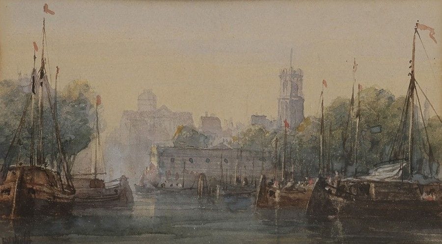 William WYLD (1806-1889)
Hollande, voiliers au port
Aquarelle.
Signée en bas à gauche.
9 x 16 cm