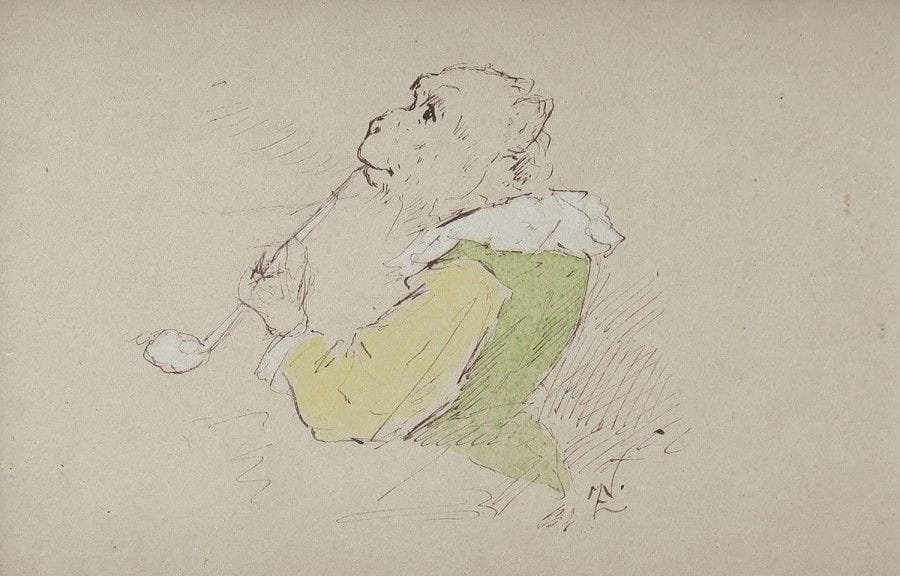 Zacharie NOTERMAN (c.1820-1890)
Singe fumant
Dessin à l'encre et aquarelle.
Monogrammé en bas à droite.
13 x 19 cm