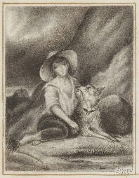 George SAND (1804-1876)
Bergère au chien, 1840
Dessin à la mine de plomb.
Signé et daté en bas à droite.
12 x 9,5 cm

Provenance : 
- Vente Versailles, 20 octobre 1963.
- Collection Georges Coppel, Paris, acheté lors de cette dernière.