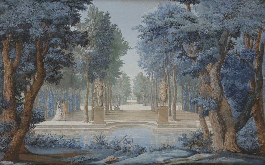 ÉCOLE FLAMANDE de la fin du XVIIIe siècle
Vue d'un parc animé
Gouache.
(Écaillures et traces de pliures).
29,5 x 46,5 cm