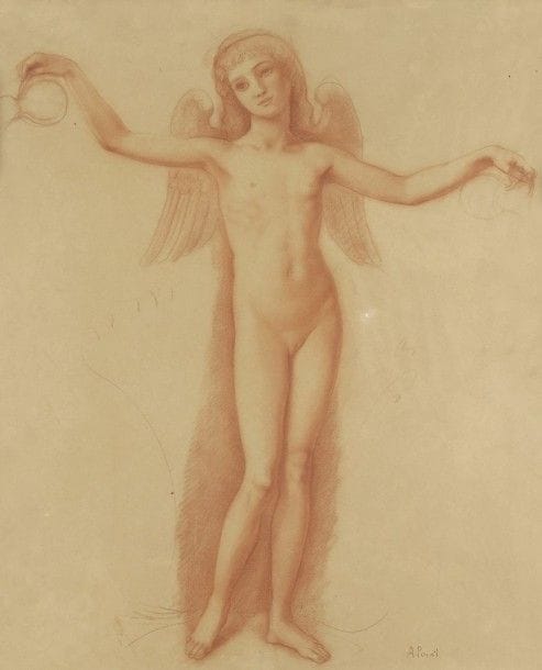 Armand POINT (1860-1932)
Détail de la fontaine de jouvence (Carton de tapisserie), vers 1901
Sanguine.
Signée en bas à droite.
Étiquette manuscrite de l'artiste au dos : à Madame et Monsieur Henri Charpentier avec toute son admiration et son amitié - Armand Point 1931 - Détail de la fontaine de Jouvence . Carton de tapisserie.
52 x 42 cm

Nous remercions Monsieur Robert Doré pour les informations qu'il nous a transmises.
Notre dessin est une étude préparatoire au tableau La Fontaine de jouvence de 1901 (voir Robert Doré, Armand Point - De l'orientalisme au symbolisme, Éditons Bernard Giovanangeli, 2010, figure 83, page 100). En 1903, Armand Point livre le Carton de tapisserie éponyme à la manufacture des Gobelins. La tapisserie ne sera jamais exécutée.