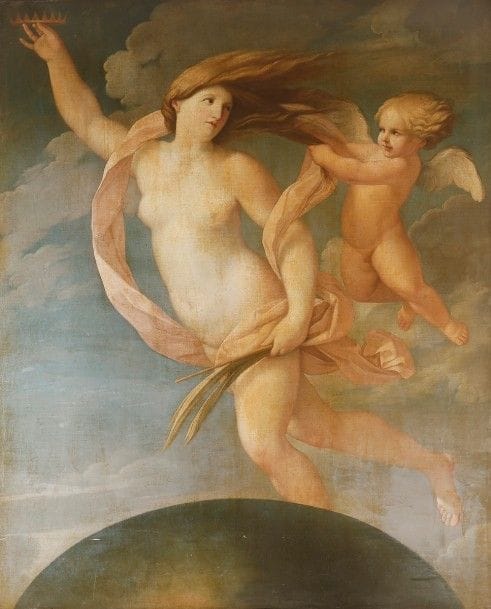 École BOLONAISE vers 1700, suiveur de Guido RENI
Allégorie de la Fortune 
Toile 
164 x 131 cm
Restaurations anciennes