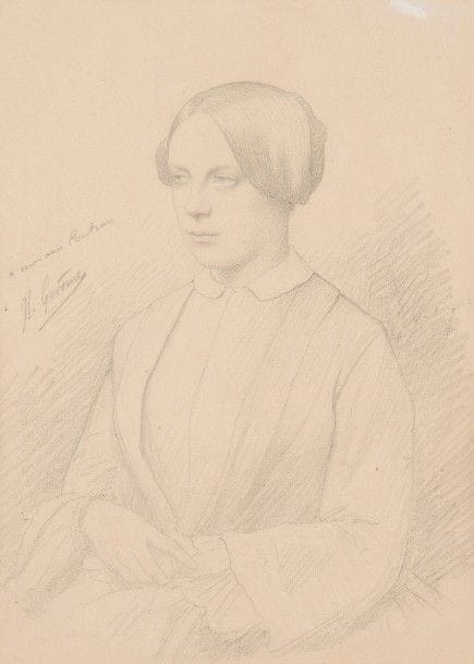 Jean Léon Gérôme (1824 - 1904)
Portrait de femme
Crayon noir 
23 x 17,5 cm
Signé et dédicacé à droite à mon ami Couteau
Légèrement insolé, petite déchirure en haut à droite